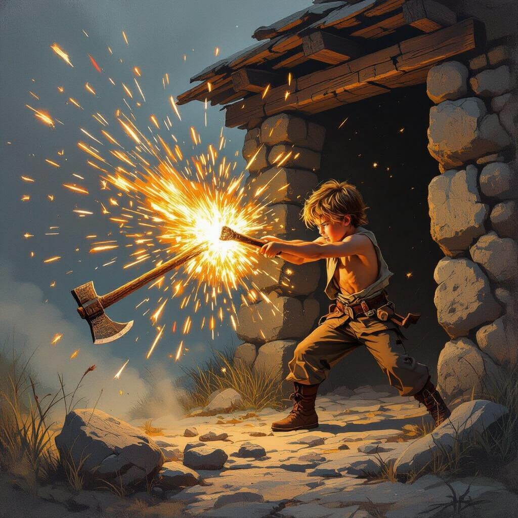 Boy Hurls Axe, Sparks Fly From Stone Shelter