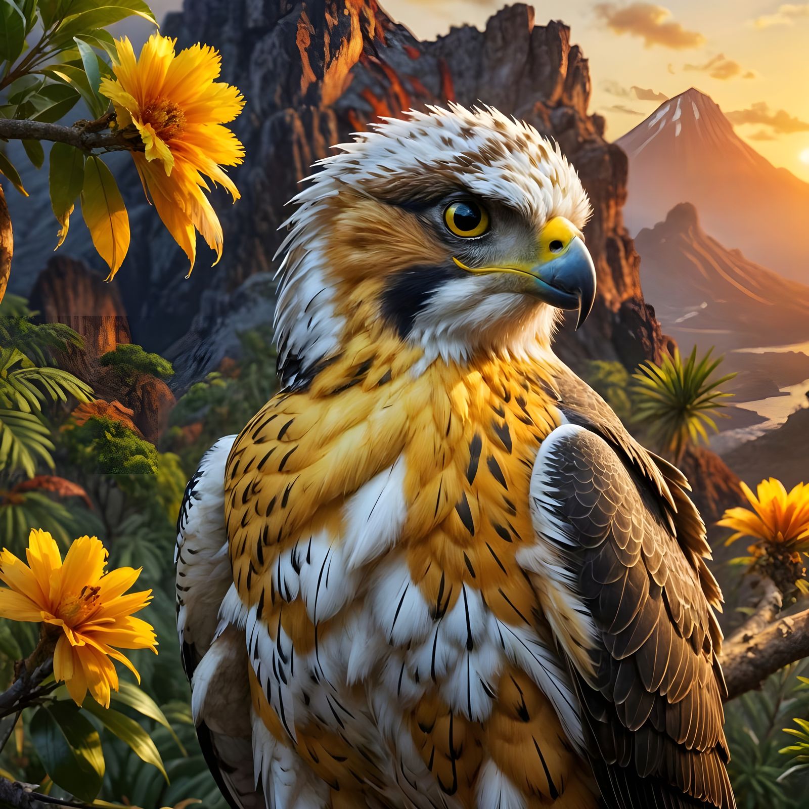 Fluffy Yellow-Headed Falcon Perched on Blooming Tree