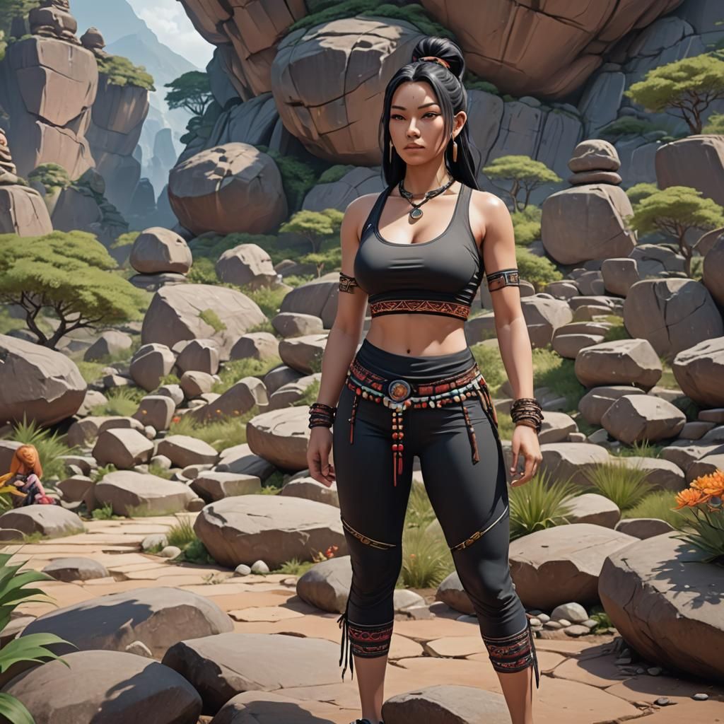 Native American Woman Tending Buddhist Rock Garden