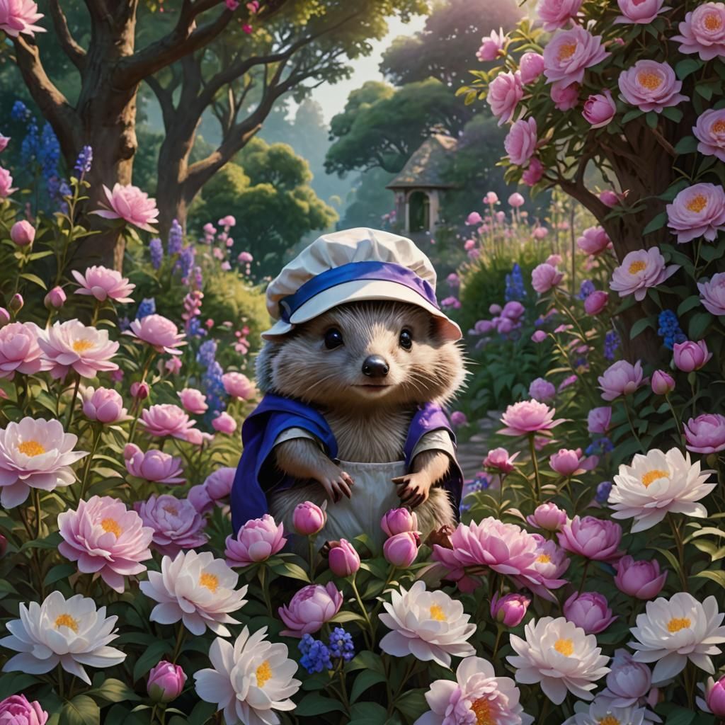 Hedgehog in Garden with Cap and Apron