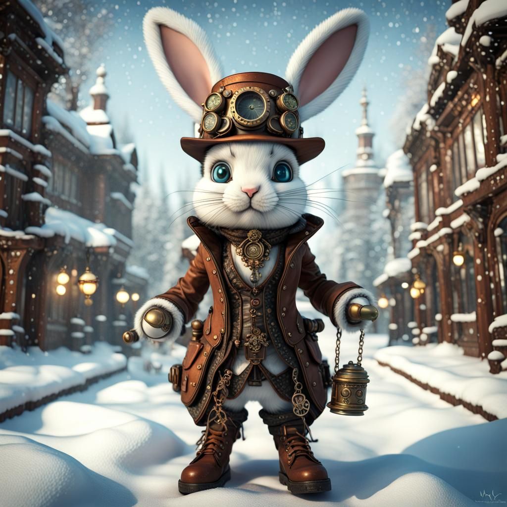 Steampunk Rabbit in Winter Wonderland: Detailed Anime Art