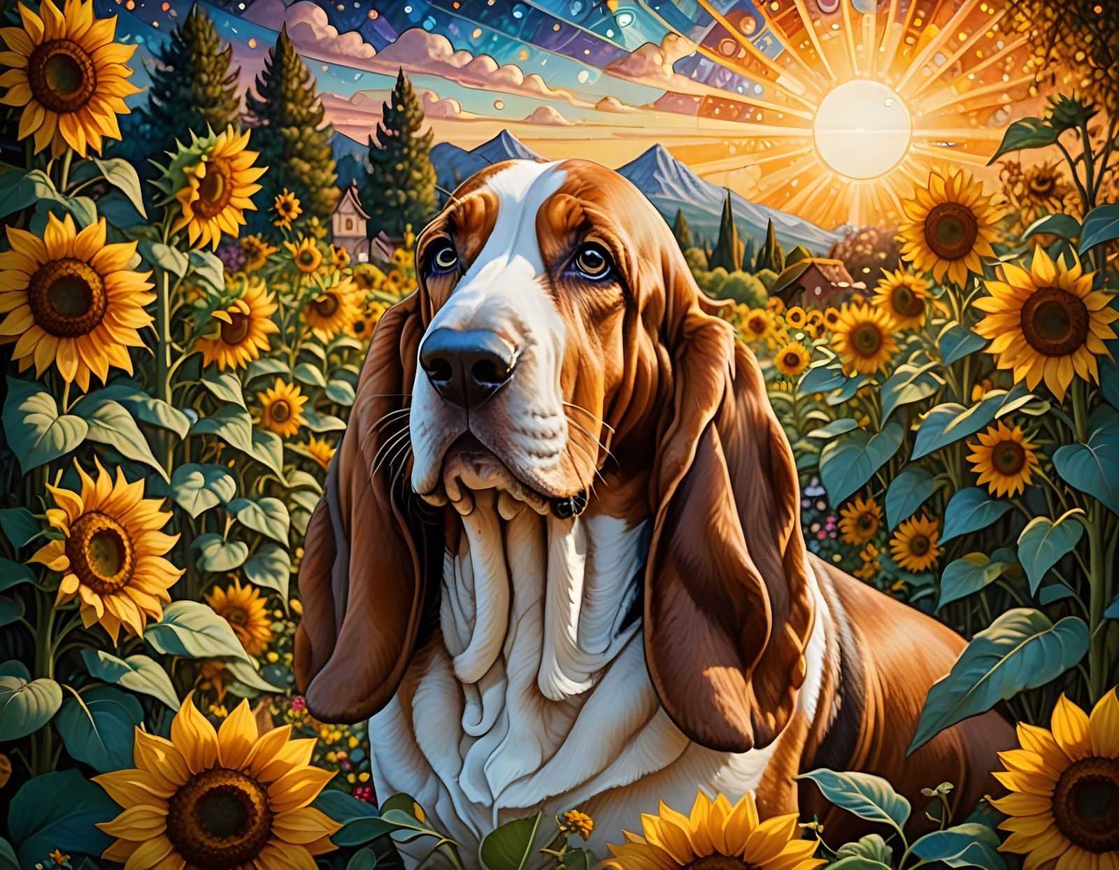 Basset Hound in Dreamy Sunflower Garden