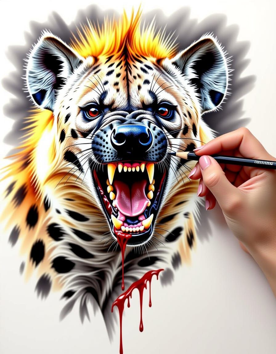 Woman's Hand Draws Furious Hyena Head Breaking Free