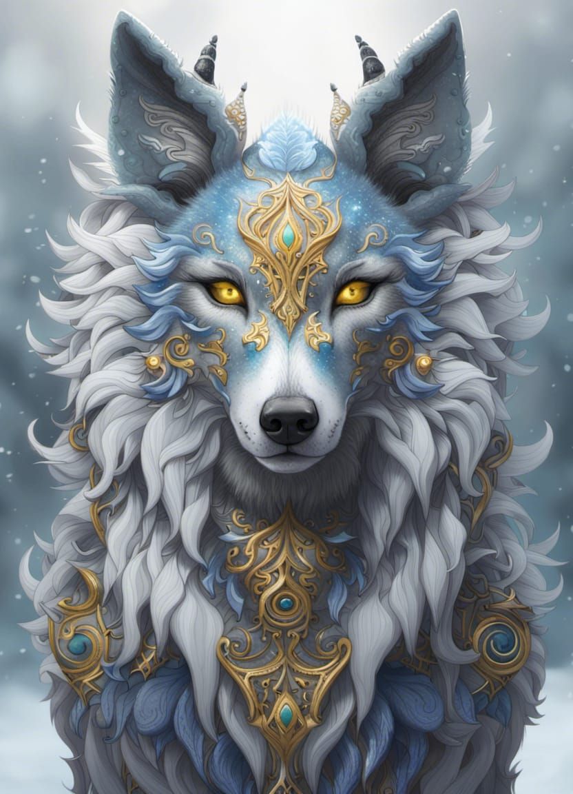 Fantasy Wolf Portrait in Snowstorm, Digital Art