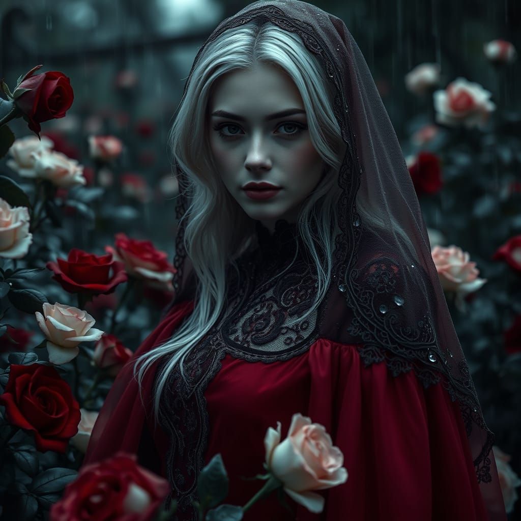Silver-Haired Woman in a Dark Rose Garden