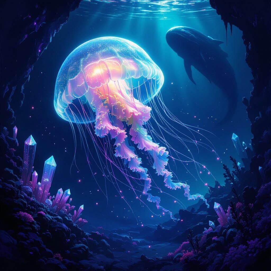 Bioluminescent Jellyfish in Alien Ocean Depths