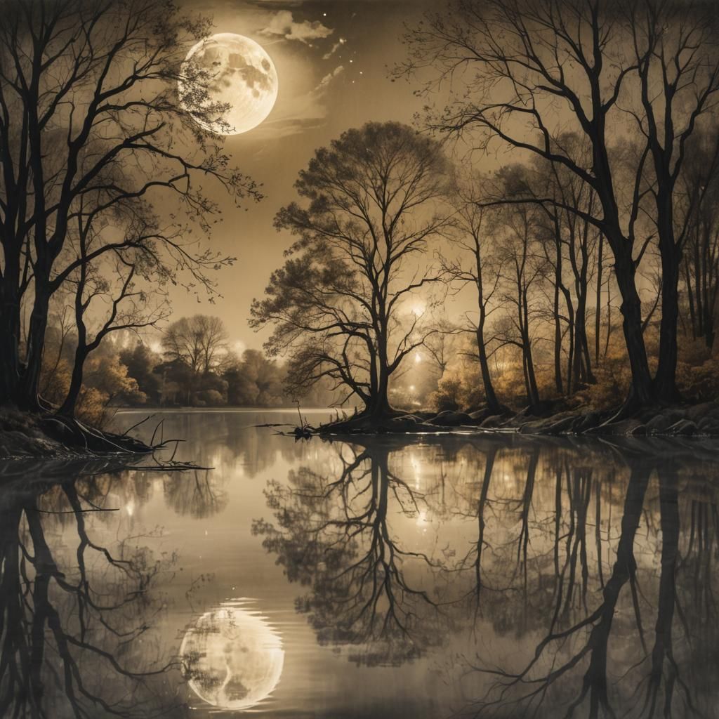 Monochromatic Moonlit Autumn Reflection Drawing