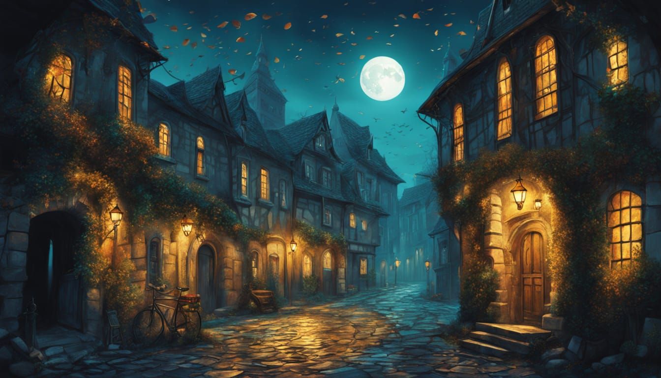 Enchanted Medieval Street at Night Under Teal Moon