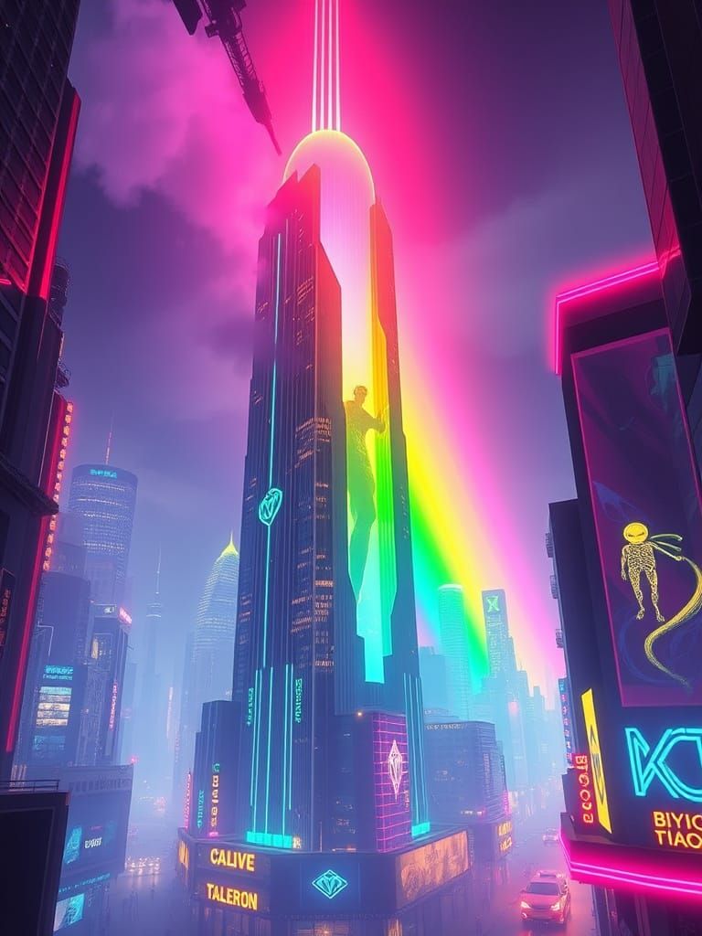 Bioluminescent Entity Emerges from Cyberpunk City