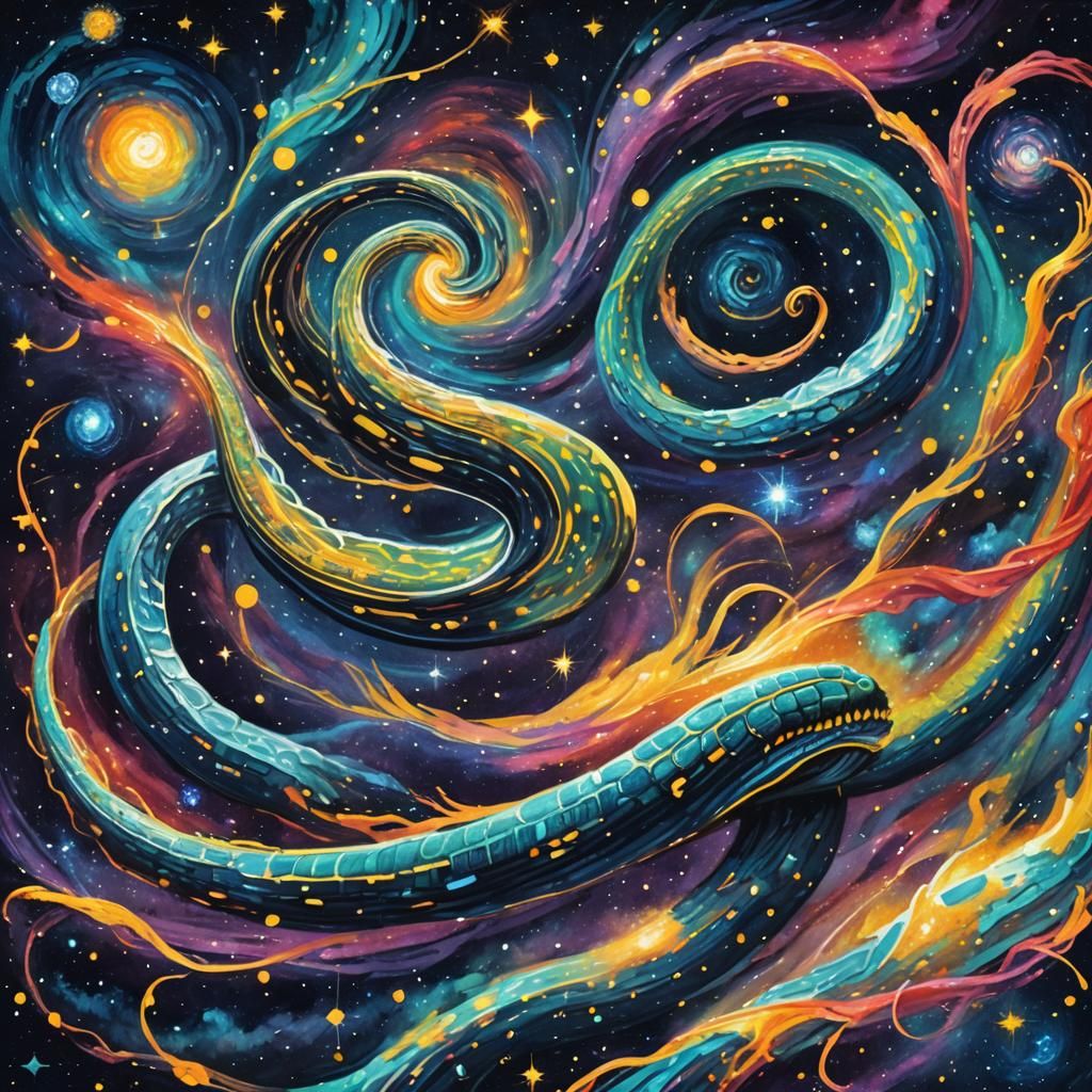 Cosmic Eel Weaving Through Galaxies as Digital Art