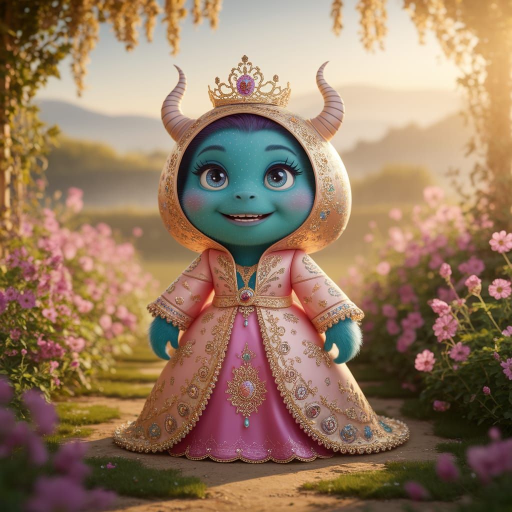 Qajar Art Princess Monster in Golden Garden