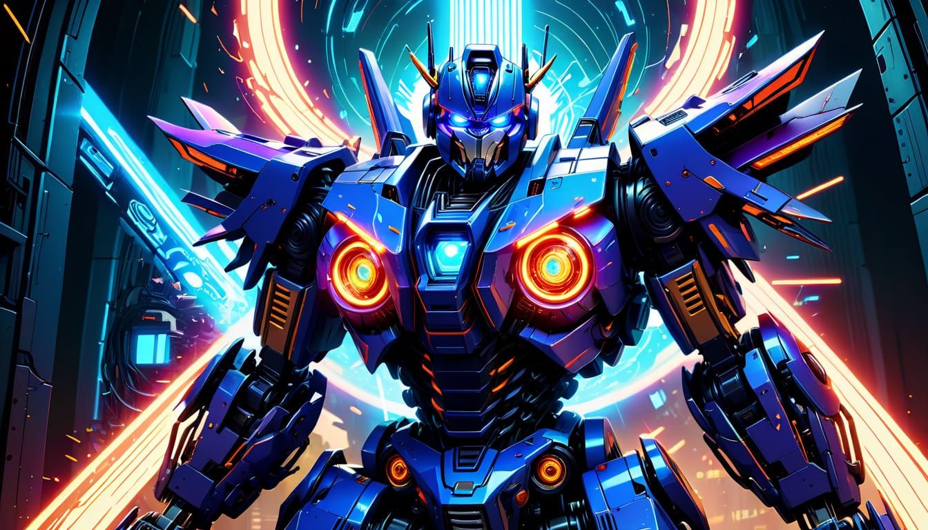 Mecha Transformer Stepping Through Neon Vortex Portal in Ani...