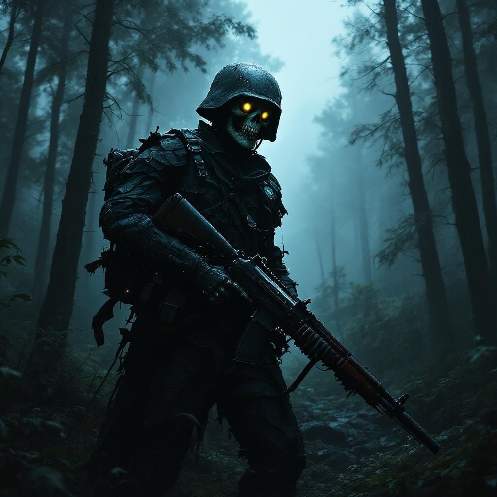 Eerie Skeletal Soldier in Misty Forest