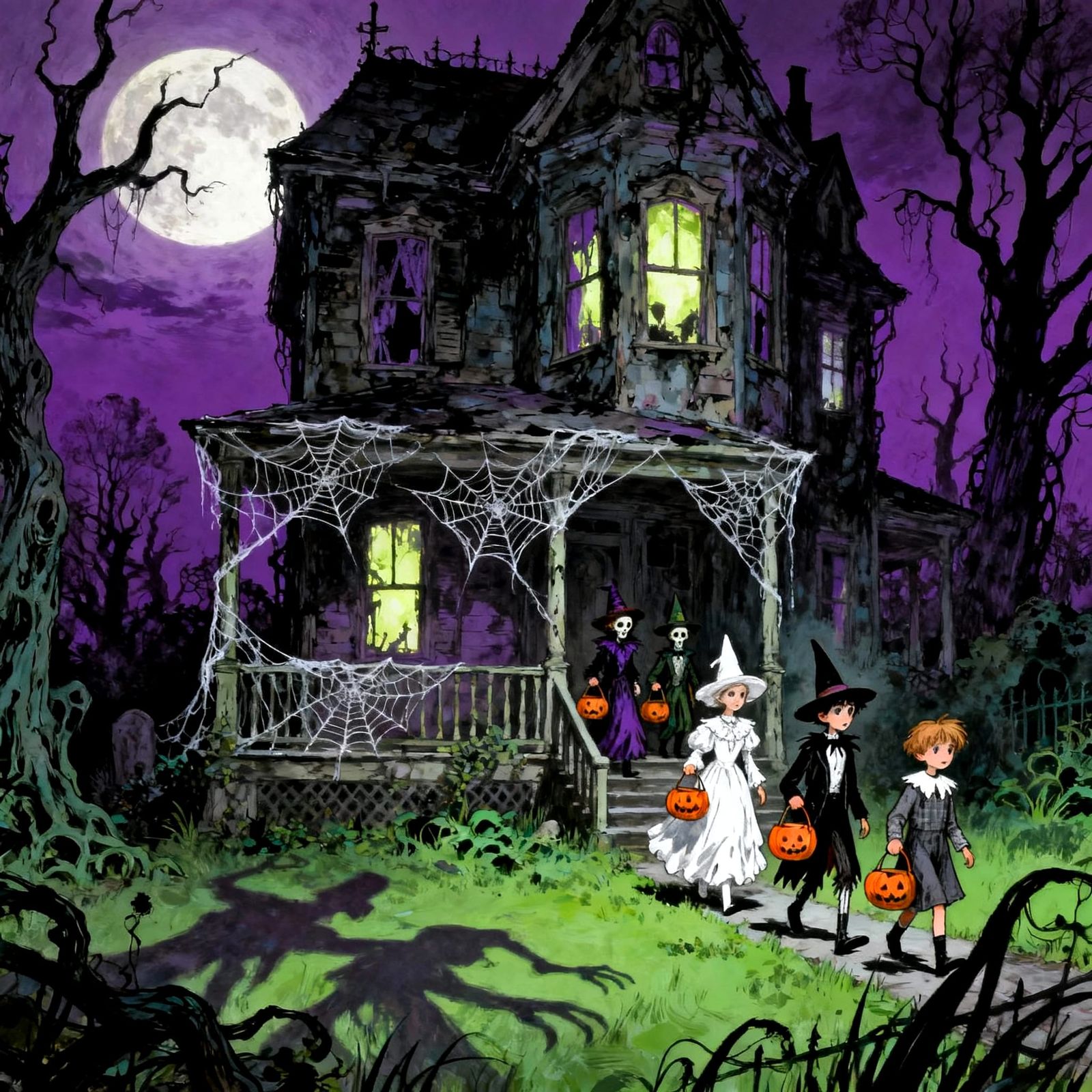 Children Trick-or-Treating at Spooky Haunted House