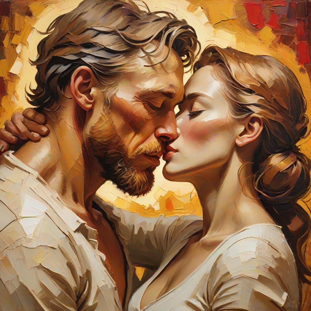 Warm Romantic Oil Painting of a Couple's Passionate Kiss