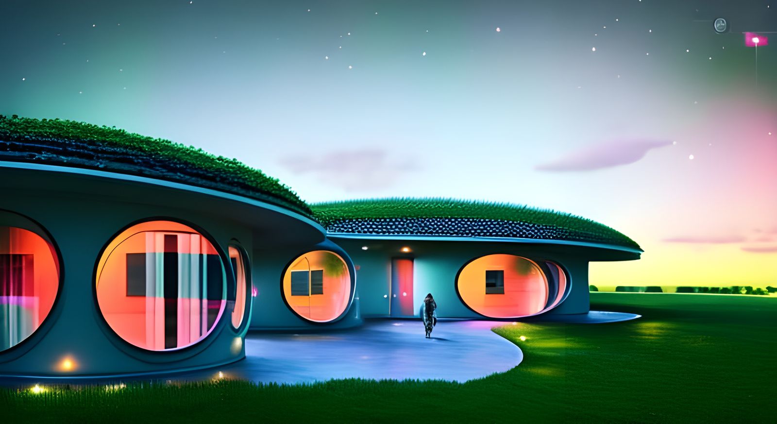 Futuristic House in Lush Countryside at Night