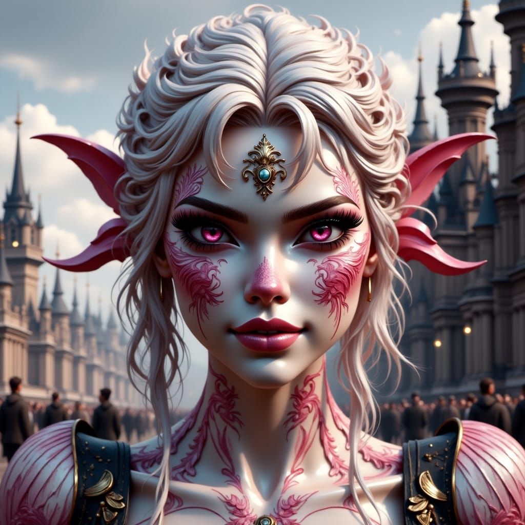 Stunning Pink-Eyed Half-Orc Woman in 3D Game Cinematic Style