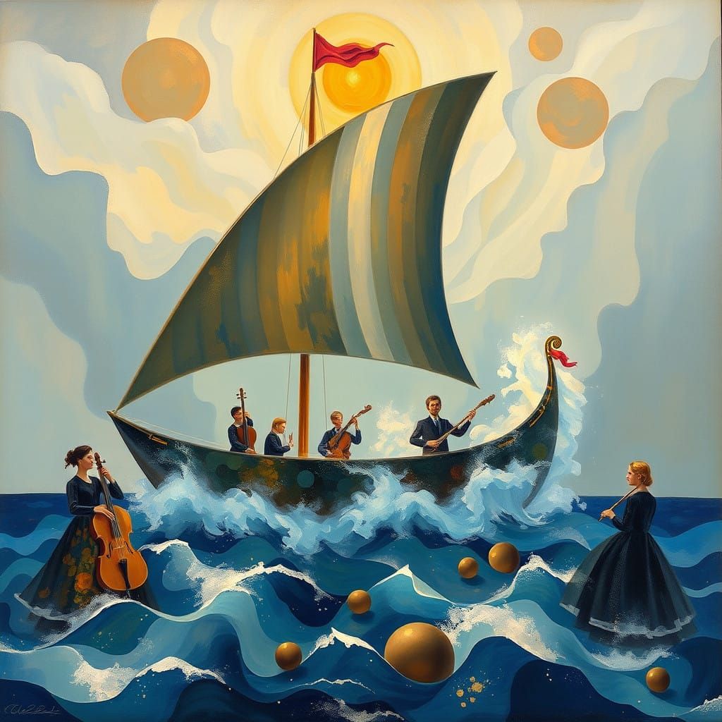 Ethereal Seascape with Crystal Ship in Harmony with Heavenly...