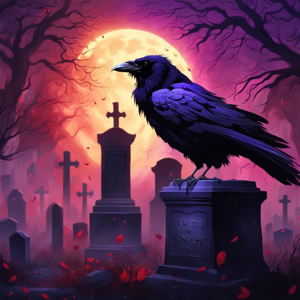 Red Raven in Misty Graveyard: Dark Fantasy Art