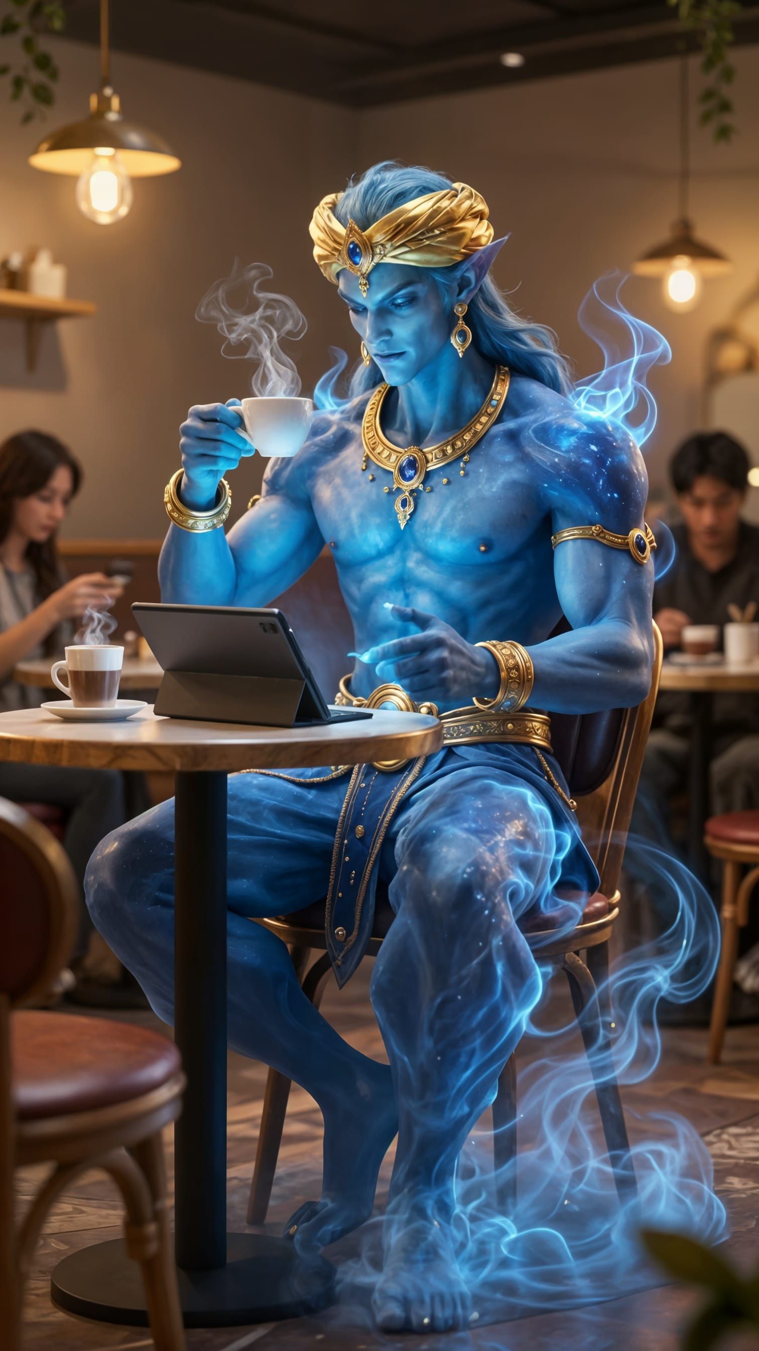 Majestic Djinn Enjoys Coffee in Cozy Cafe