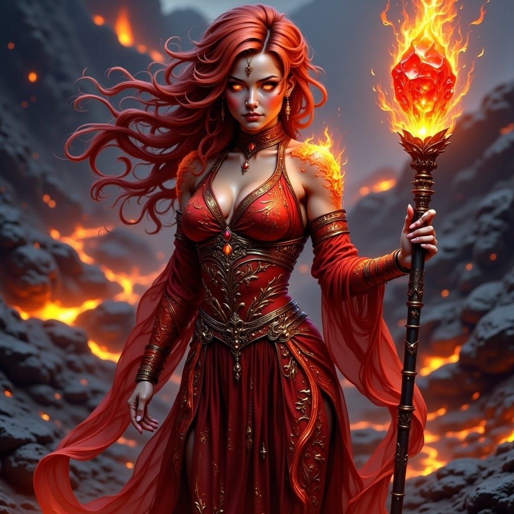 Fiery Mage in Scorched Land: A Dark Fantasy Portrait
