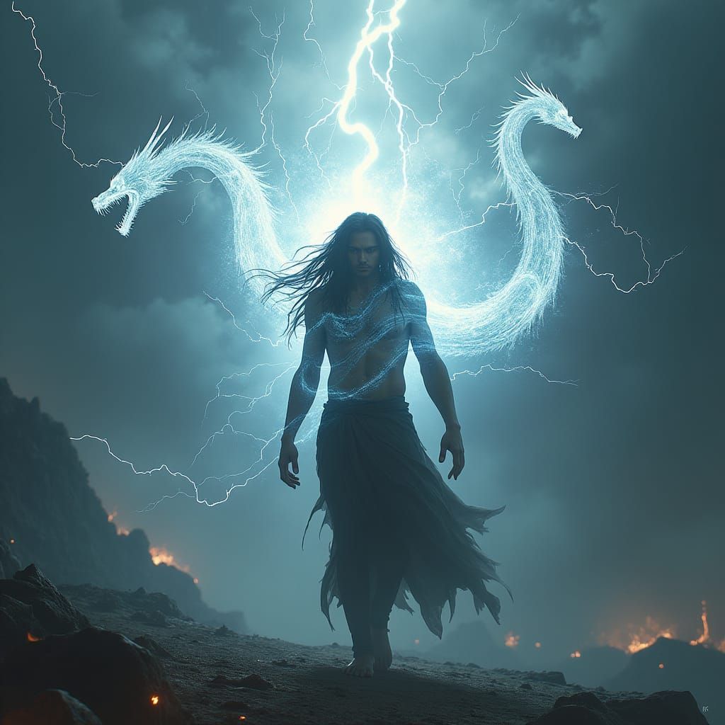 Brooding Figure with White Energy and Dragons