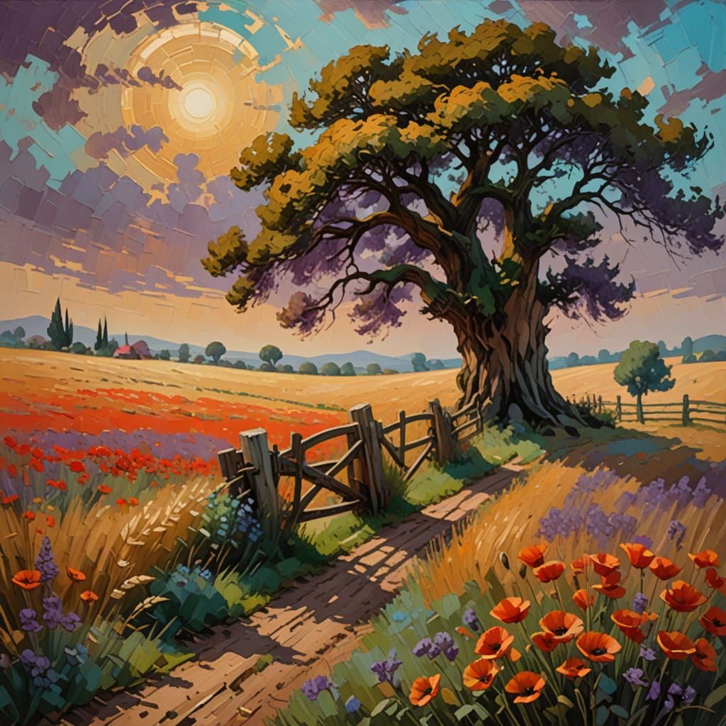 Impressionist Cypress Tree in Wheat Field Oil Painting