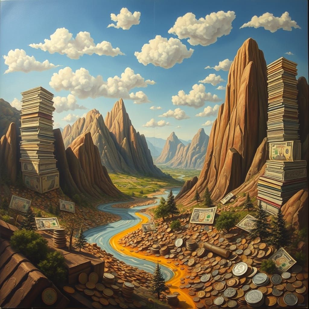 Surreal Mountains of Vintage Banknotes with Gold Rivers