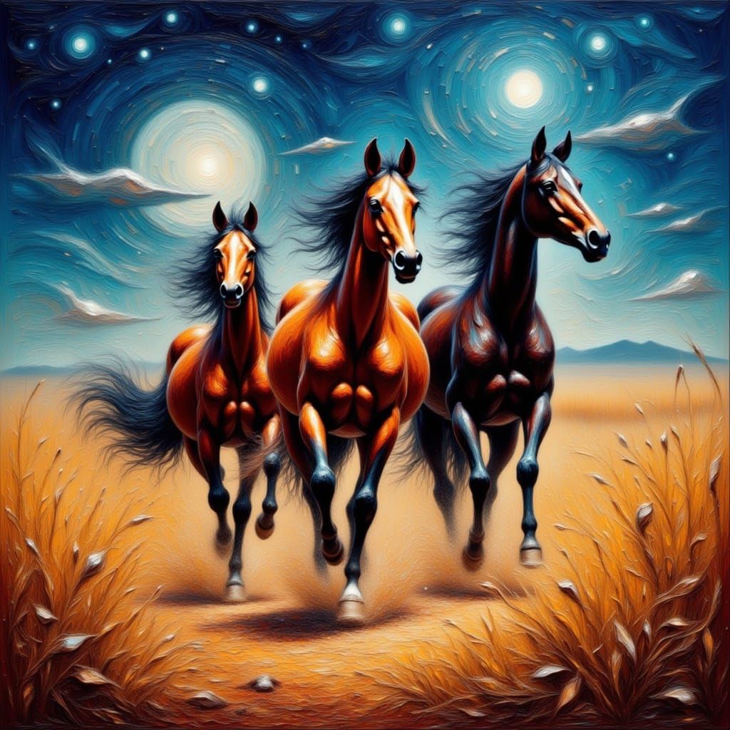 Airbrushed Horses Running Under Moonlight in Geometric Impas...