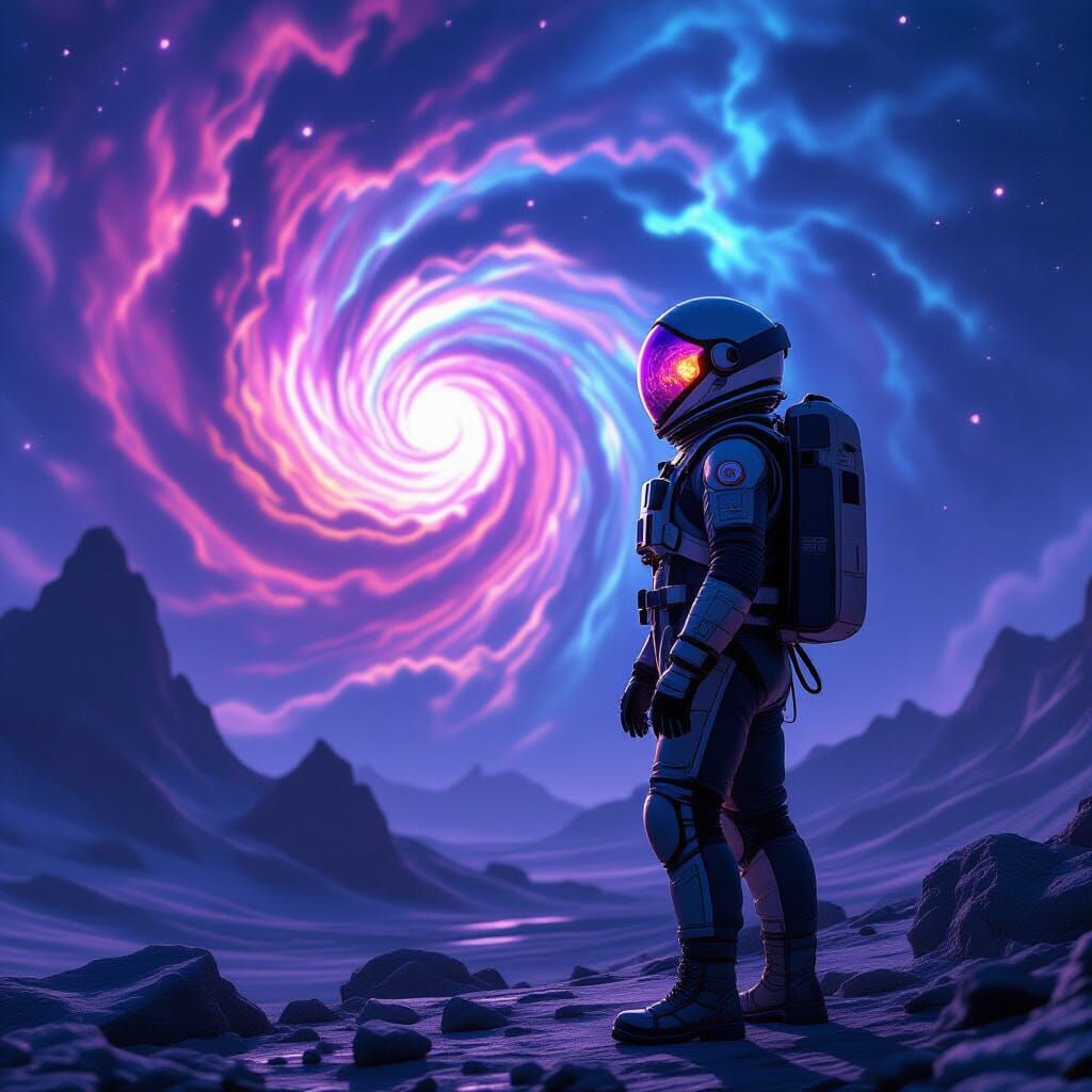 Astronaut Gazing at Nebula on Alien Planet
