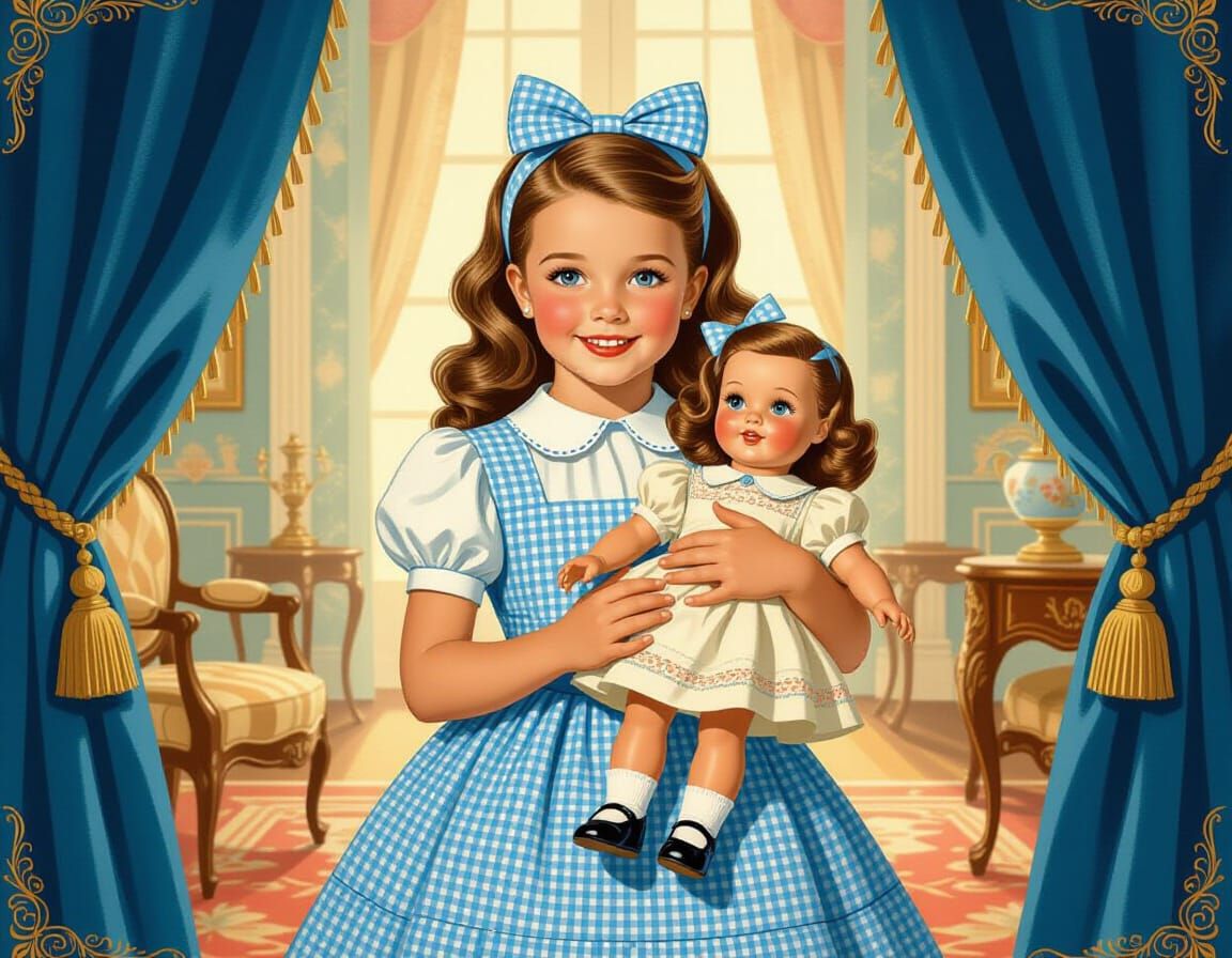 Dorothy-Inspired Girl with Doll in Ornate Interior