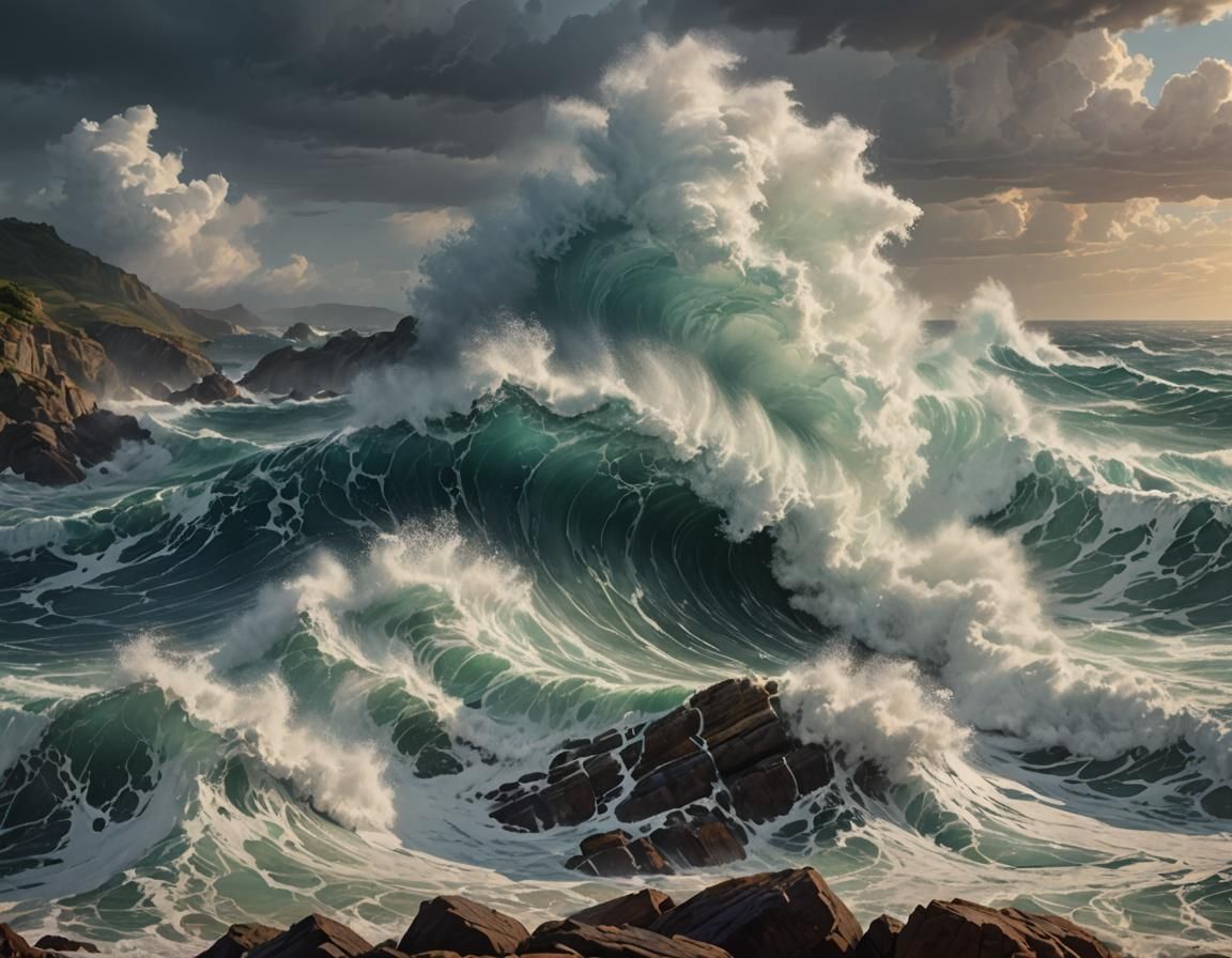 Stormy Ocean Waves Crashing: Hyperrealistic Splash Art