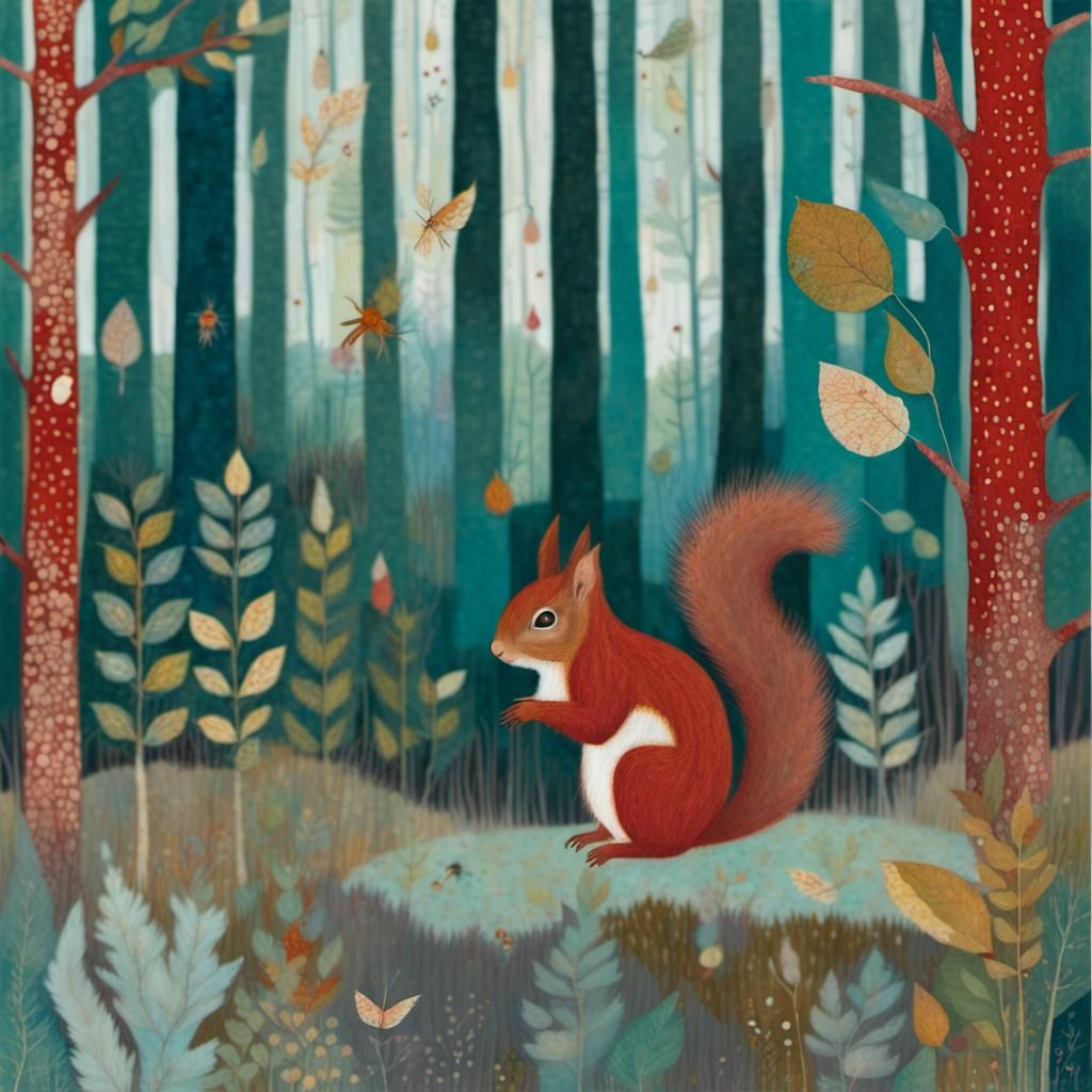 Autumnal Squirrel in Forest, Mixed Media Illustration