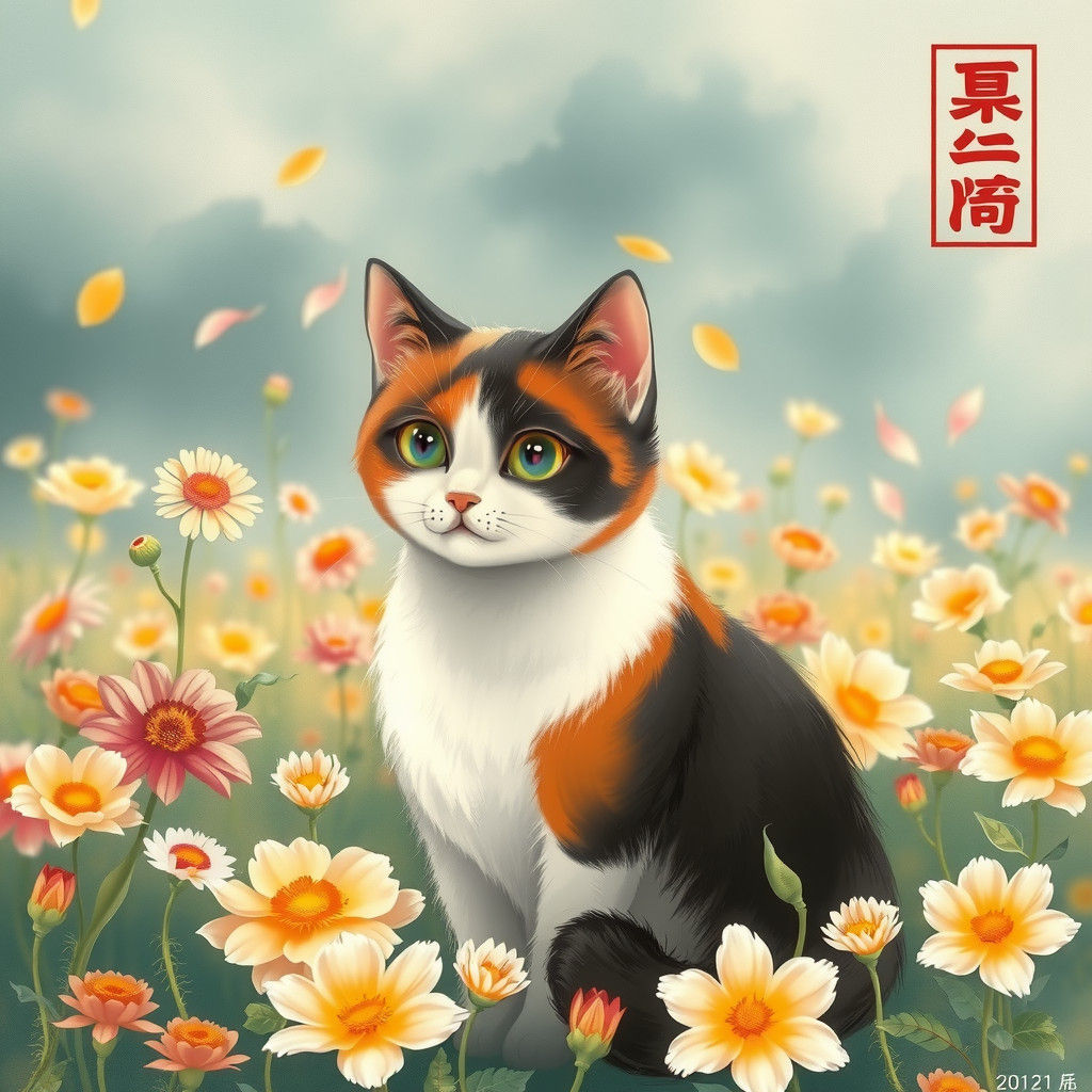 Chinese Painting of Cat in Flower Field