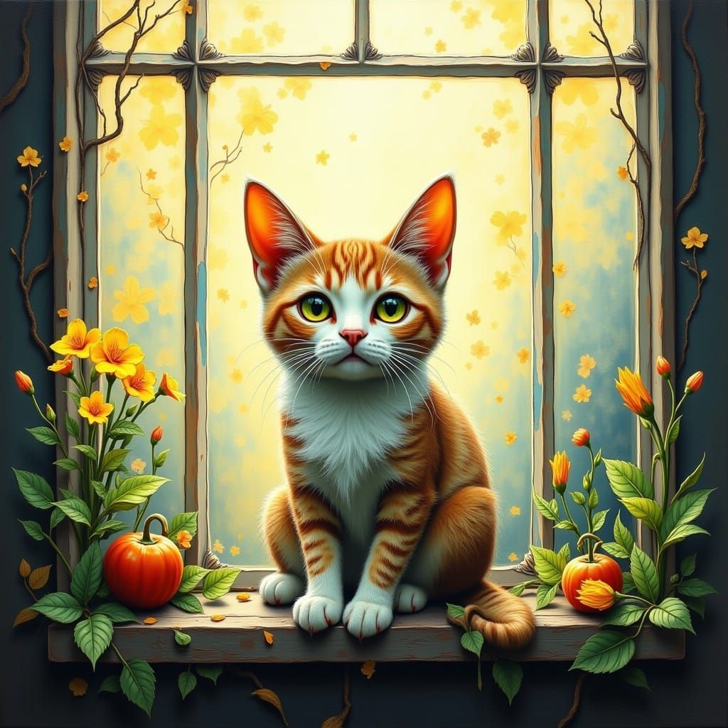 Sunlit Cat in Impressionist Garden Window