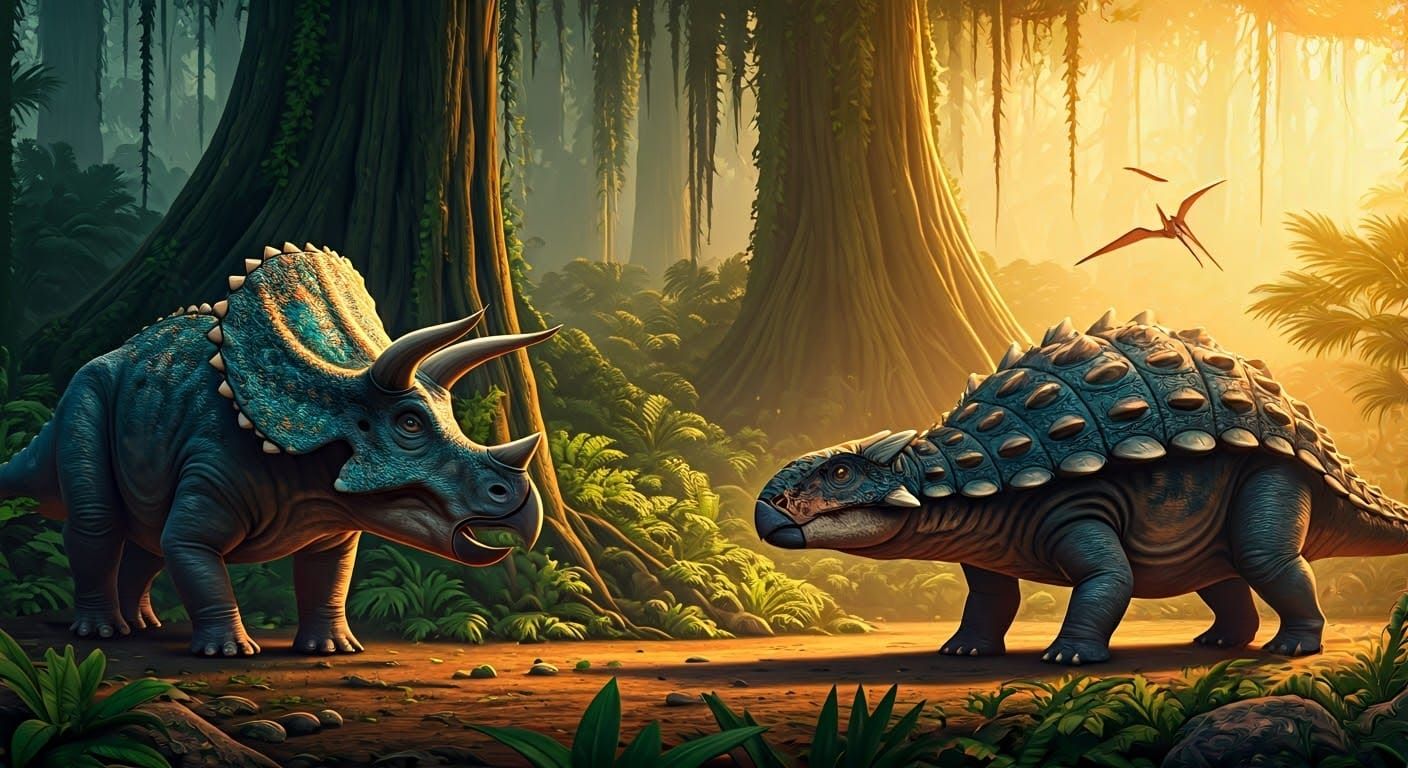 Vibrant Triassic Encounter: Dazzling Jurassic Era Masterpiec...