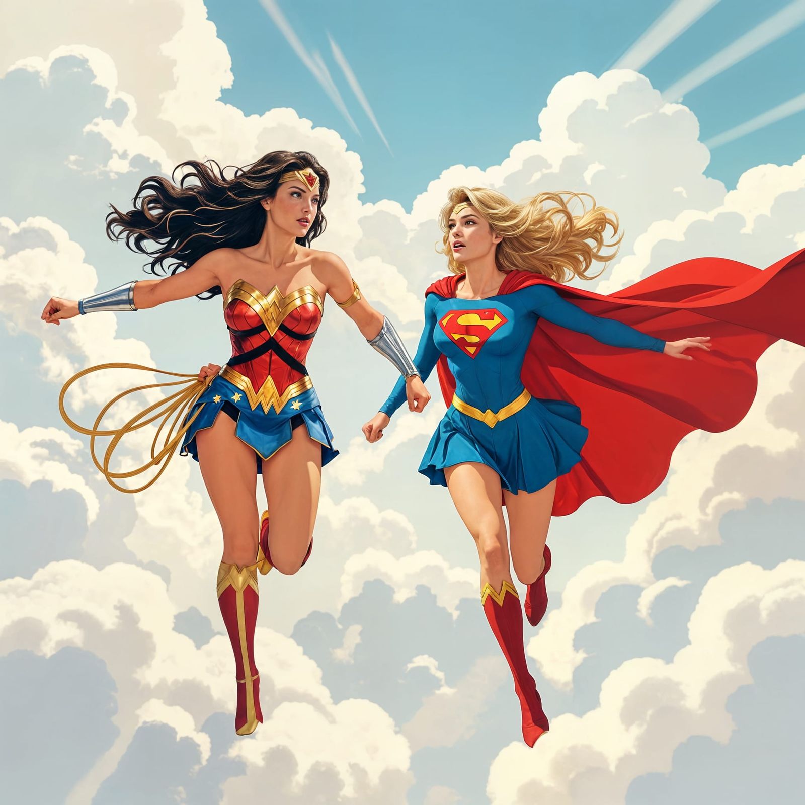 Wonder Woman and Supergirl Flying Through Clouds
