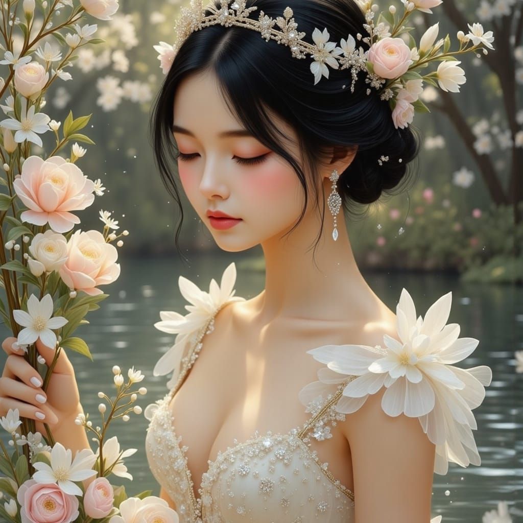 Odette, Queen of Swans, in Ethereal Summer Lake Morning