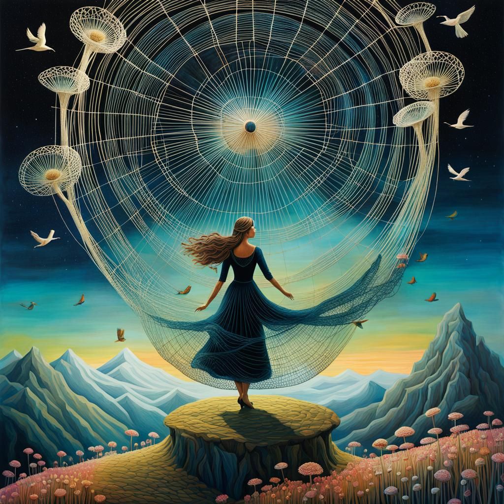 Surreal String Woman Dancing with Birds Illustration