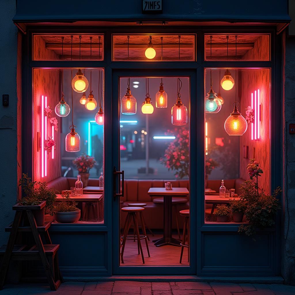 Cozy Cafe Window Display with Vibrant Moodlights