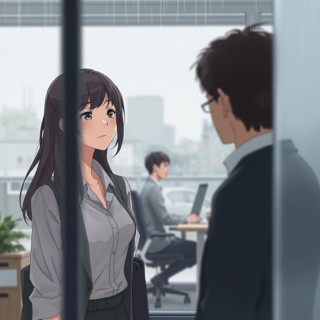Co-worker Moment in a Rainy Office