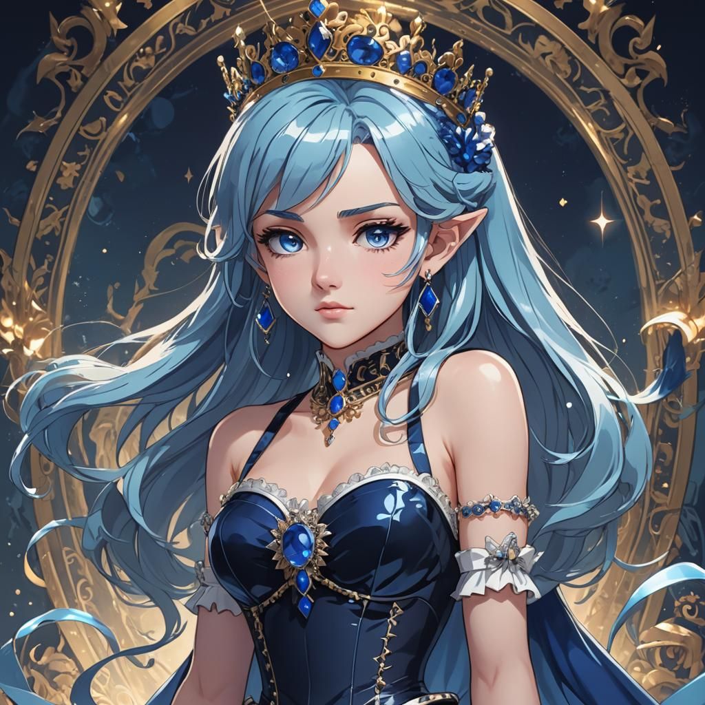 Anime Queen with Sapphire Tiara in Cel-Shaded Style