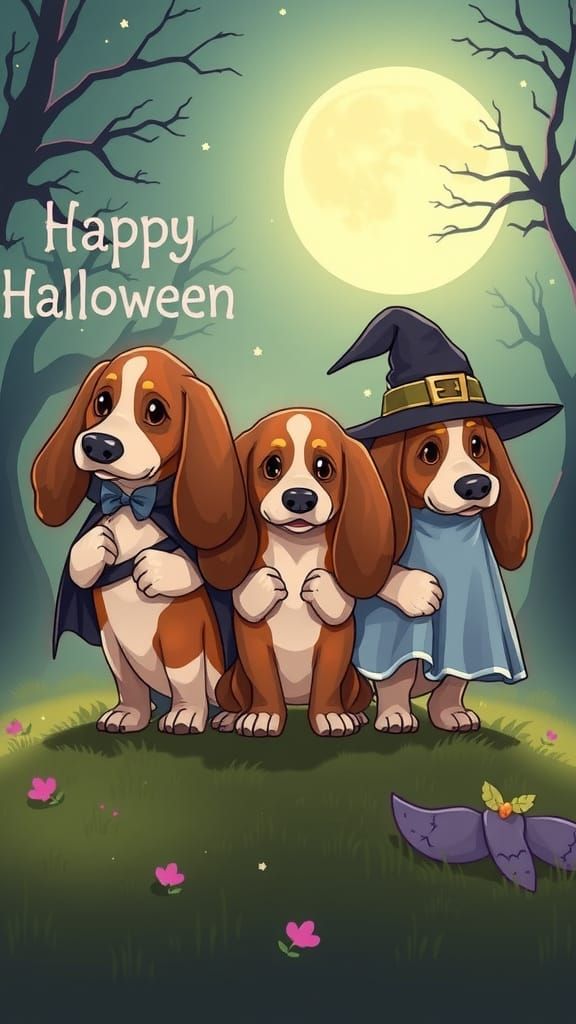 Chibi Basset Hounds in Halloween Costumes