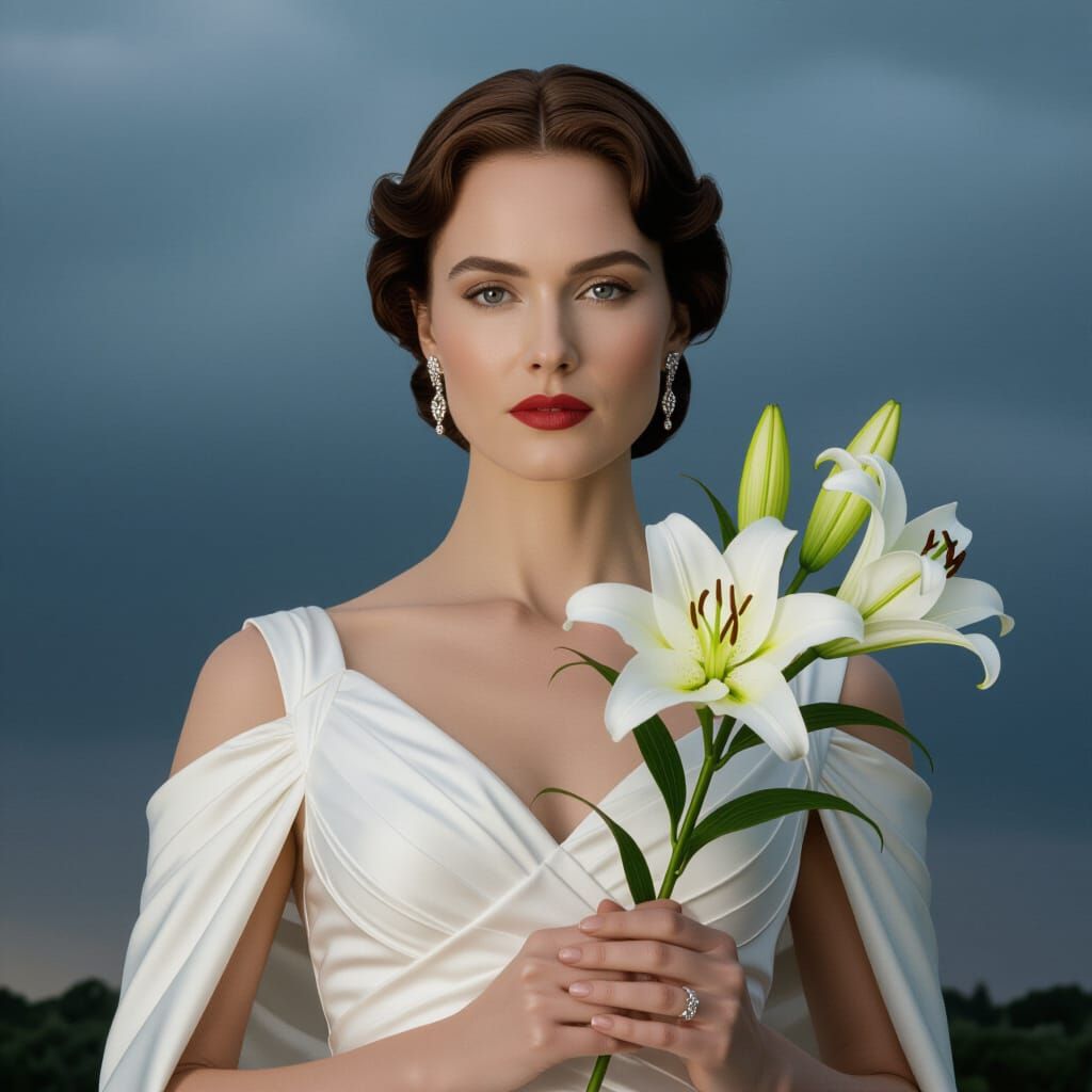 Majestic Woman in Sculptural Dress with Lily, Stormy Sky