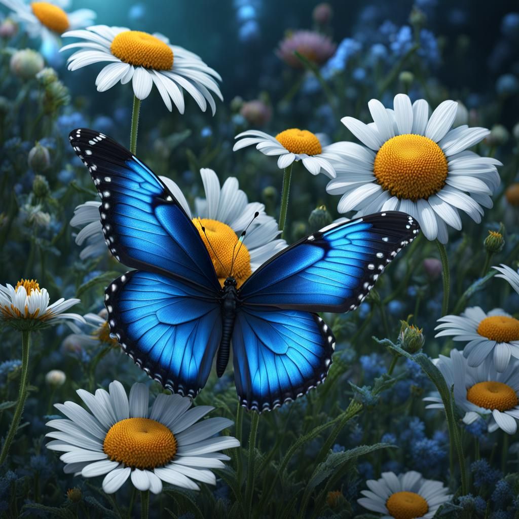 Blue Butterfly Pollinating Daisy Flower in Garden