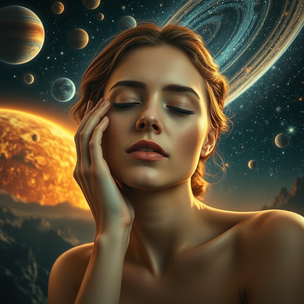 Serene Woman in Cosmic Landscape, Hyperrealistic Portrait
