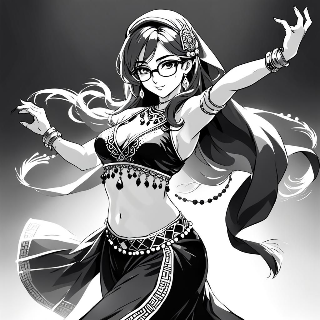 Anime Belly Dancer in Arab Clothing, Black and White