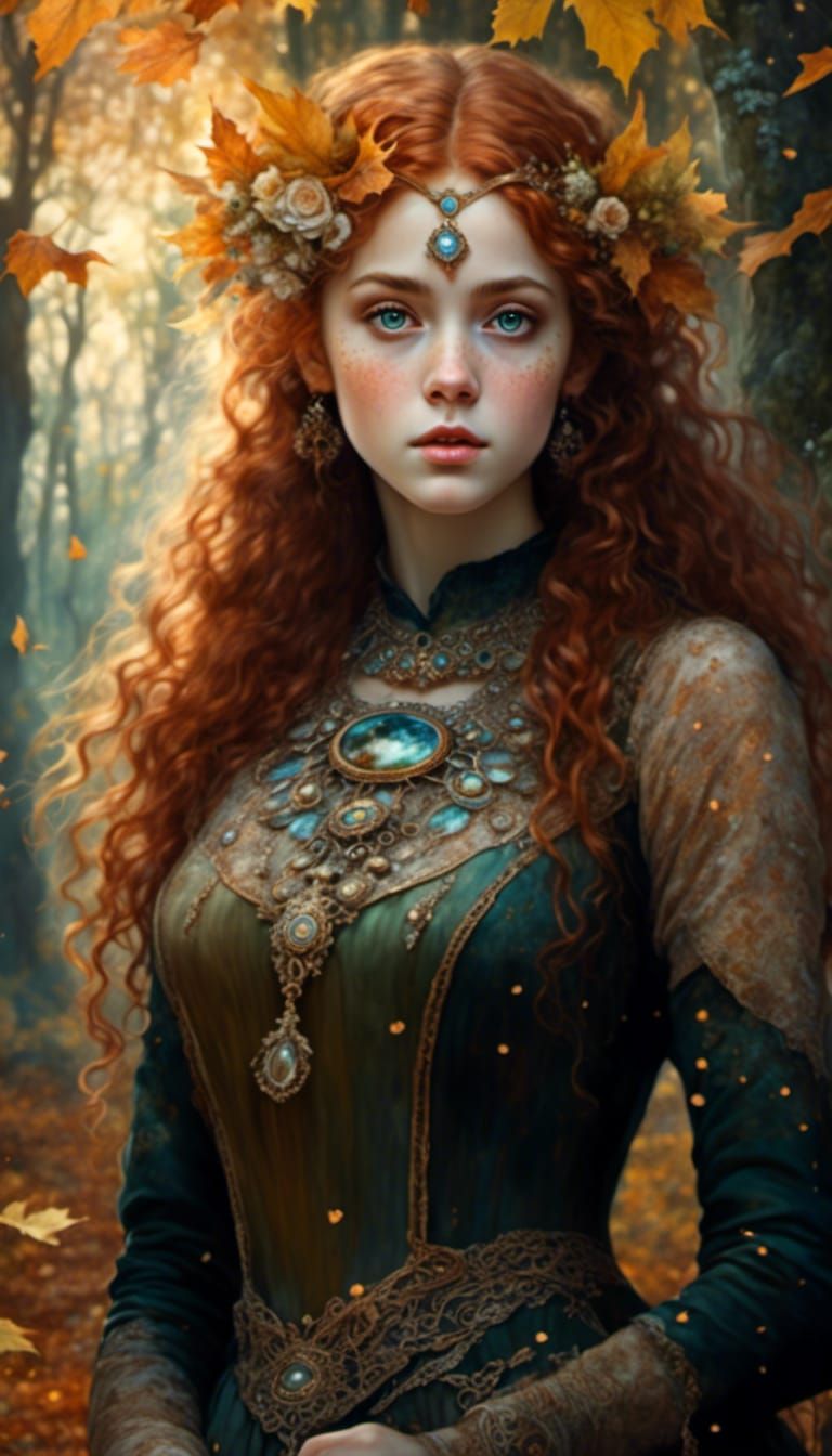 Autumn Portrait of Freckled Girl in Forest