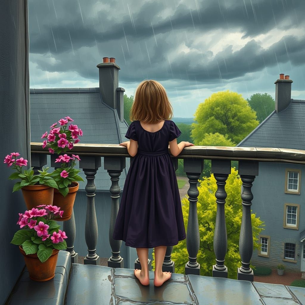 Girl in Whimsical Stormy Yard with Cupid's Delight Flowers