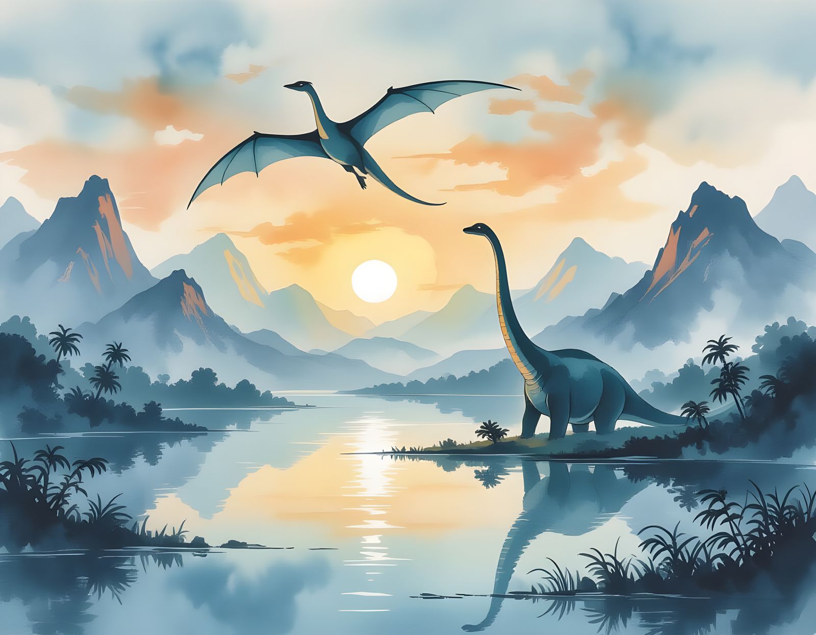 Pterodactyl Soaring: Chinese Ink Painting Landscape